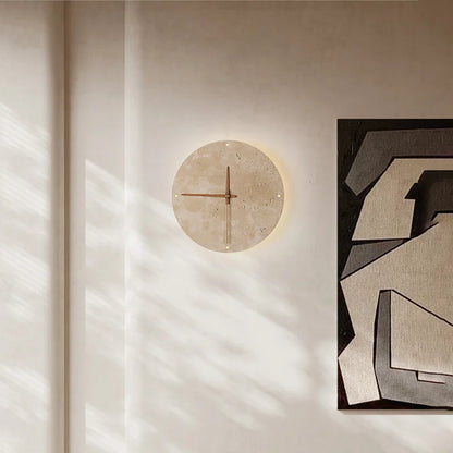 [EXP] Applique Horloge Murale en Travertin, Aiguilles Bois et Halo LED