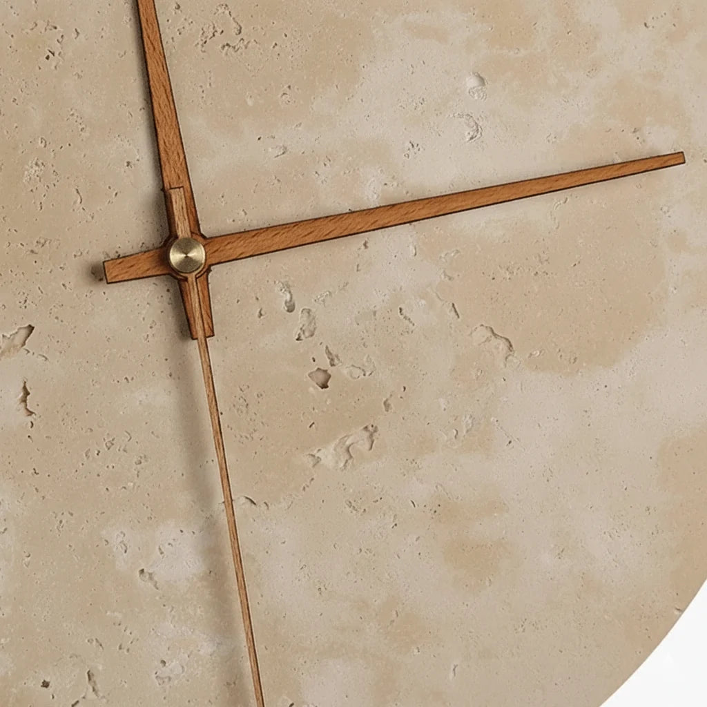 [EXP] Applique Horloge Murale en Travertin, Aiguilles Bois et Halo LED