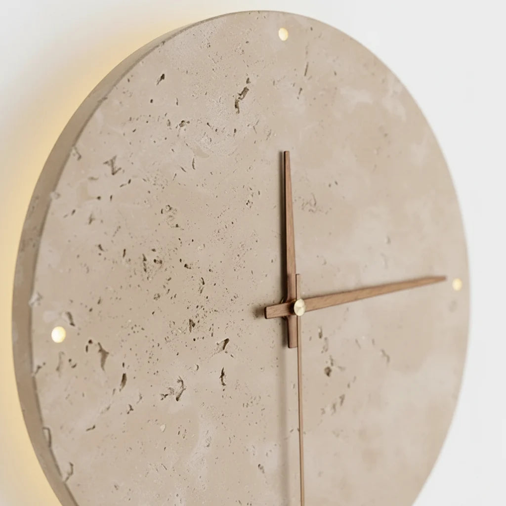 [EXP] Applique Horloge Murale en Travertin, Aiguilles Bois et Halo LED