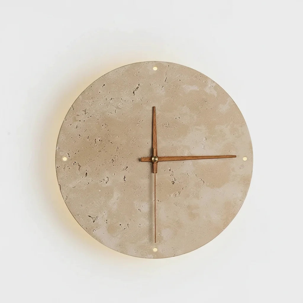 [EXP] Applique Horloge Murale en Travertin, Aiguilles Bois et Halo LED