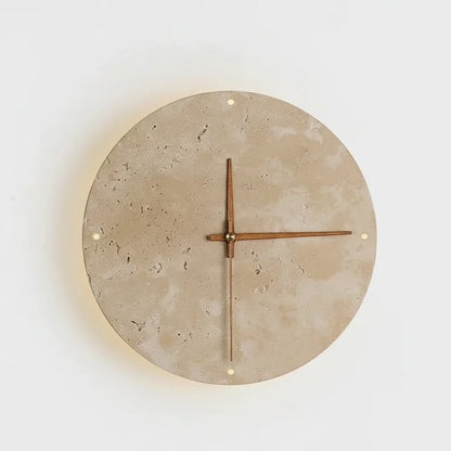 [EXP] Applique Horloge Murale en Travertin, Aiguilles Bois et Halo LED