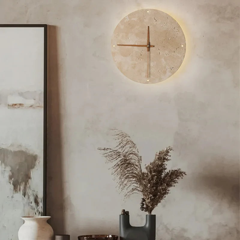 [EXP] Applique Horloge Murale en Travertin, Aiguilles Bois et Halo LED