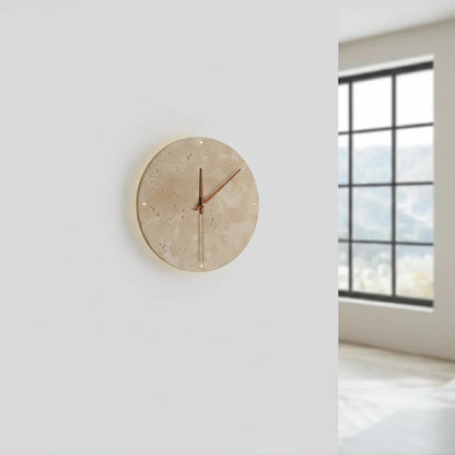 [EXP] Applique Horloge Murale en Travertin, Aiguilles Bois et Halo LED