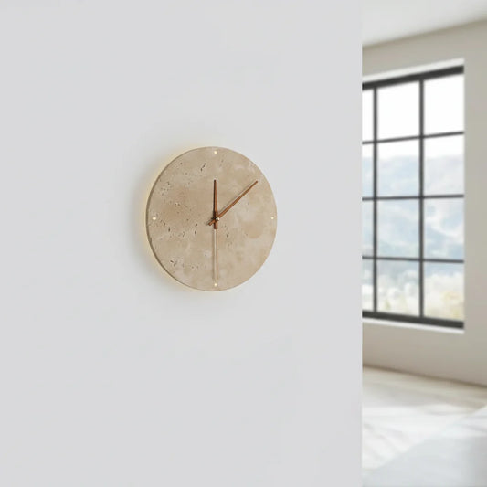 [EXP] Applique Horloge Murale en Travertin, Aiguilles Bois et Halo LED
