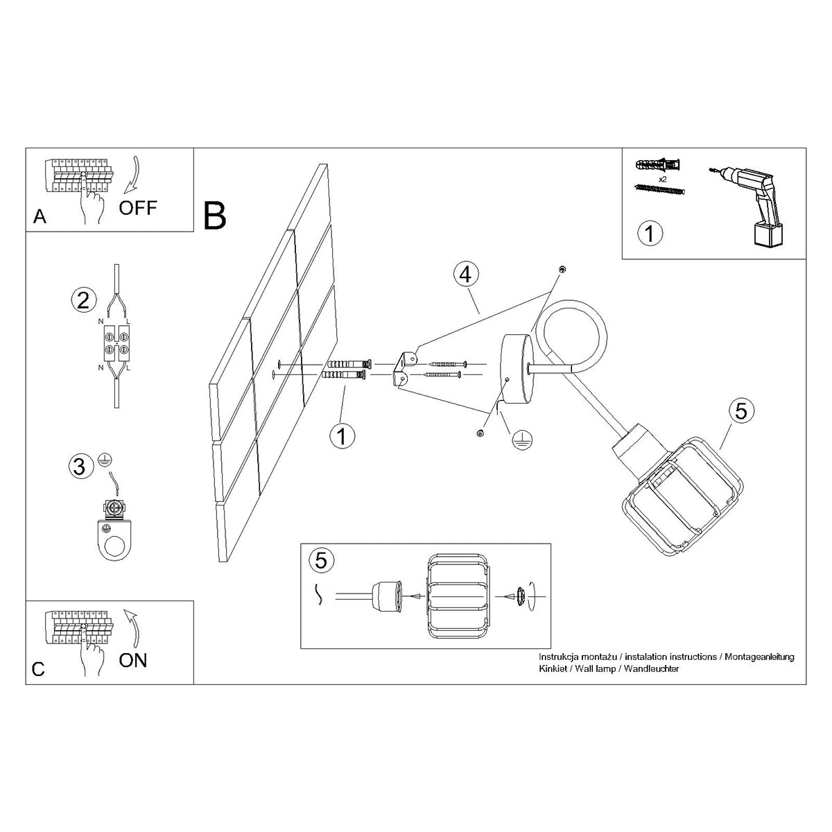 Applique Murale Longue Cage Orientable Acier Noir
