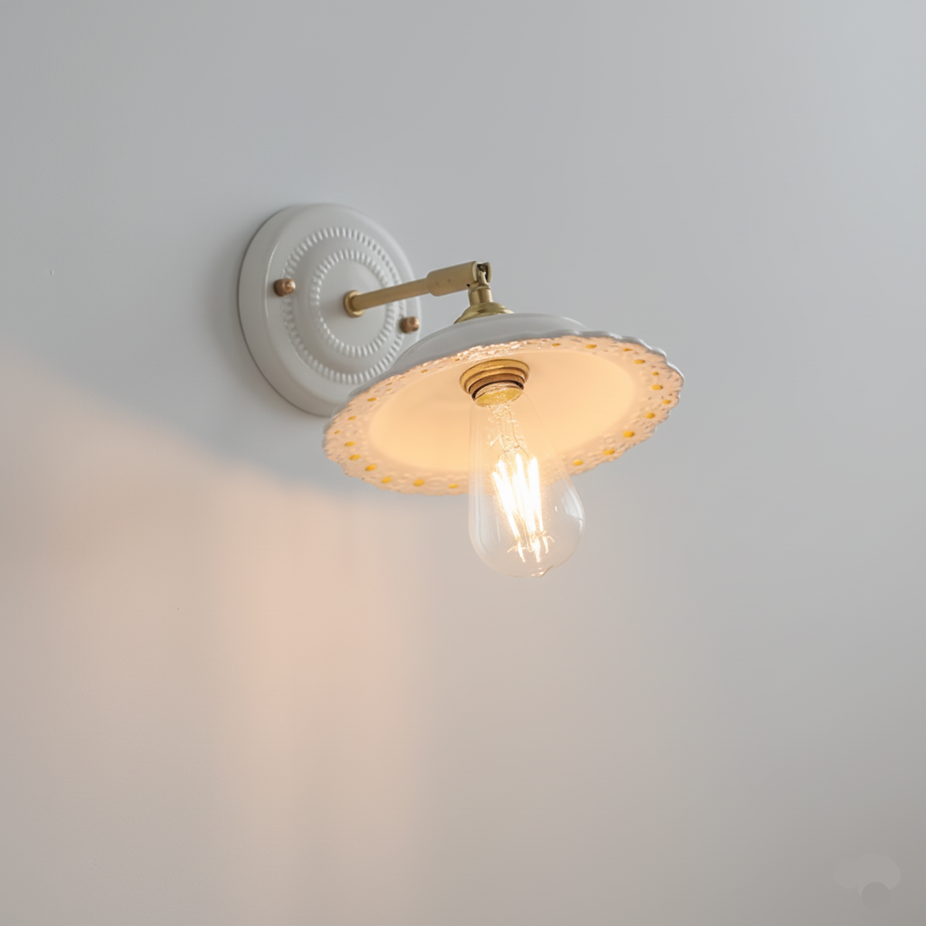 Applique murale en céramique et cuivre, abat-jour festonné vintage à bras orientable