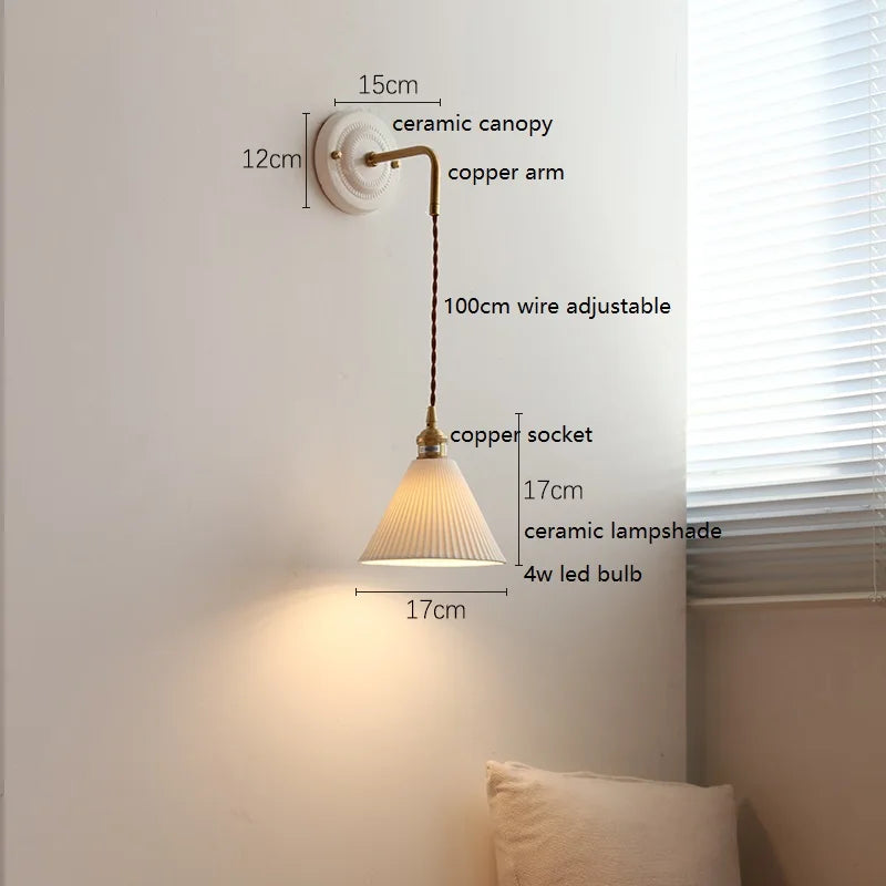 Applique Murale en Céramique et Cuivre, Abat-jour Cône Plissé Orientable