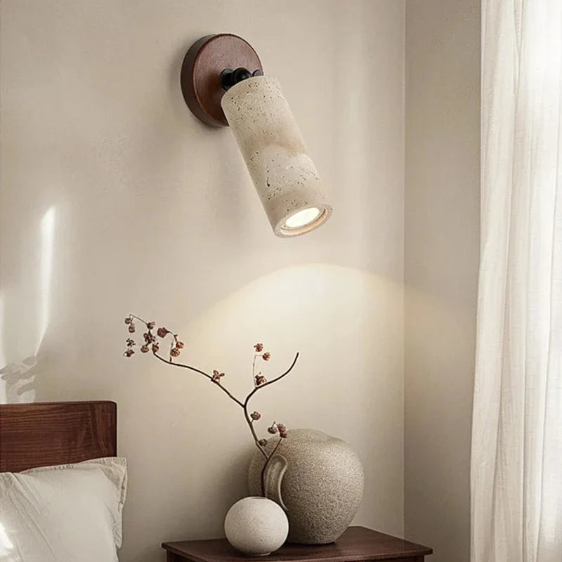 Applique Murale en Travertin et Bois, Spot Orientable