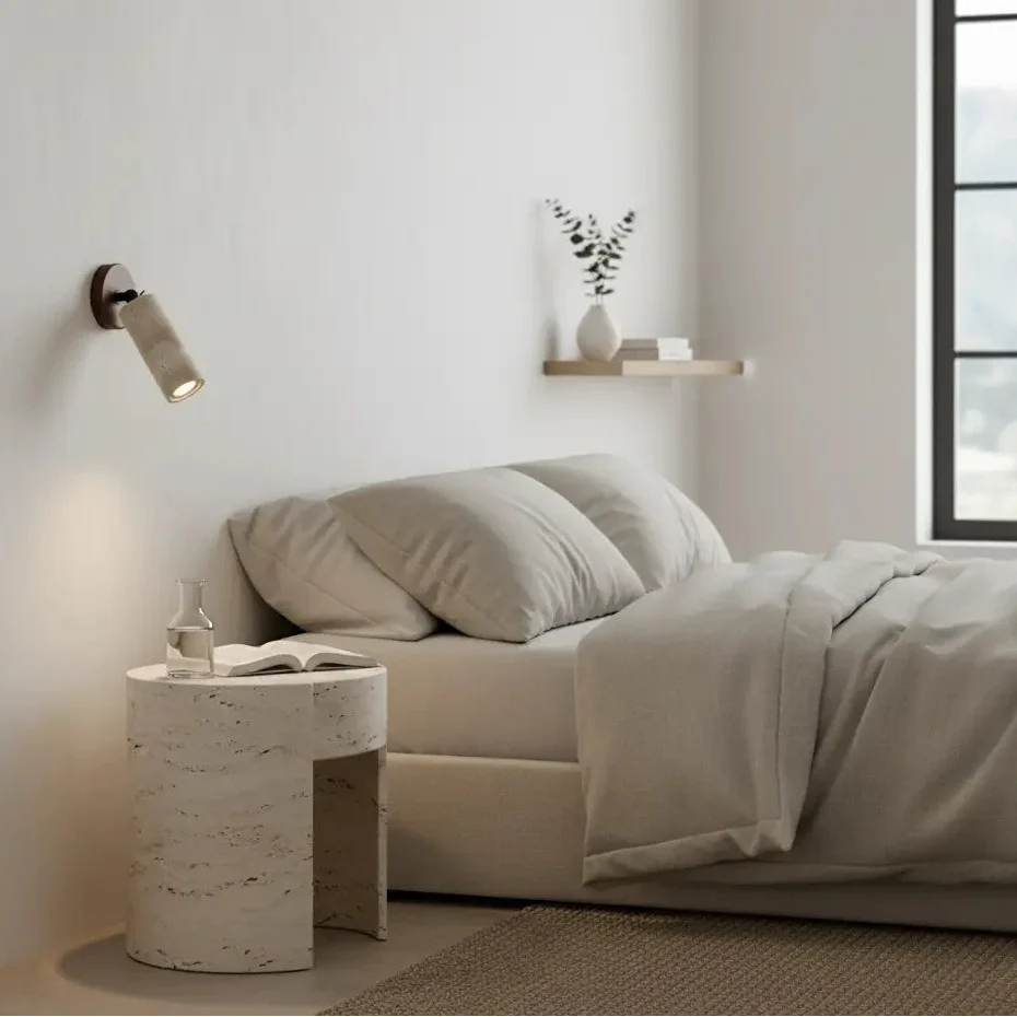 Applique Murale en Travertin et Bois, Spot Orientable