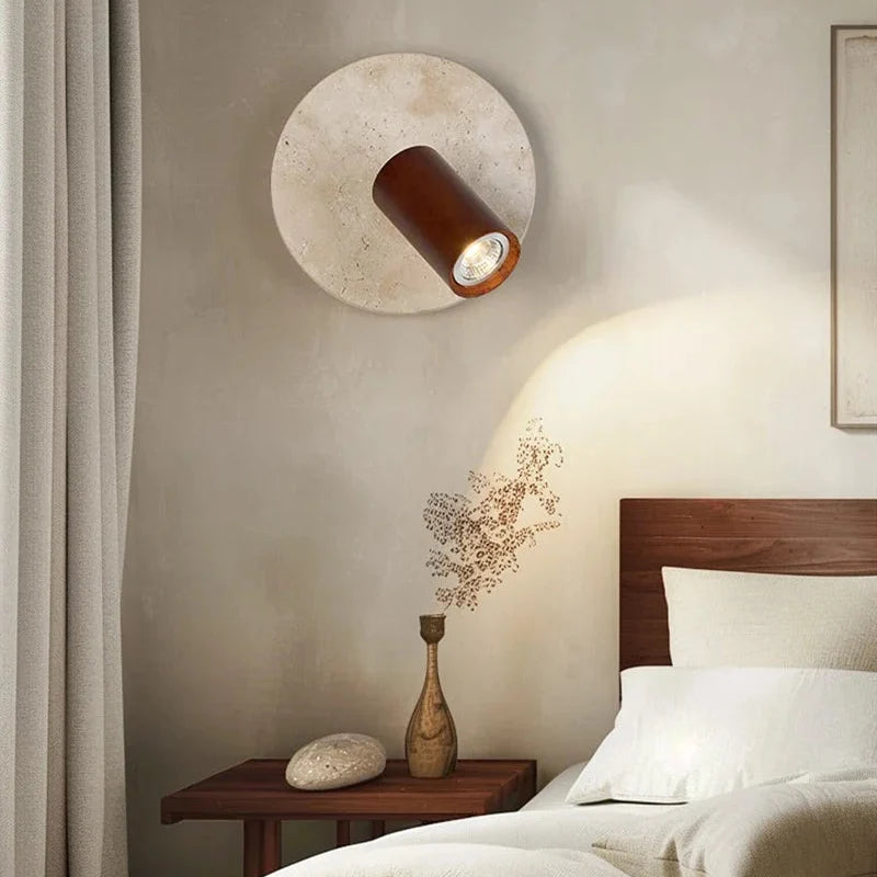 Applique Murale en Travertin avec Projecteur Orientable en Bois