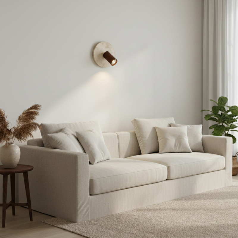 Applique Murale en Travertin avec Projecteur Orientable en Bois