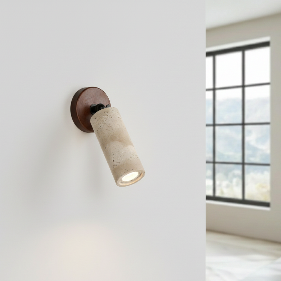 Applique Murale en Travertin et Bois, Spot Orientable