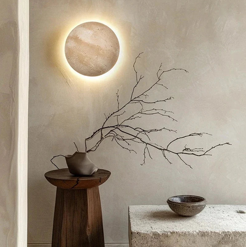 Applique Murale Ronde en Travertin Effet Lune