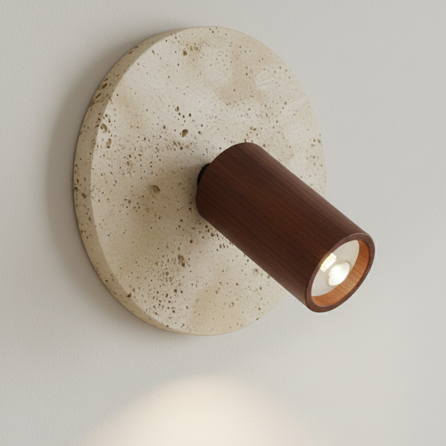 Applique Murale en Travertin avec Projecteur Orientable en Bois