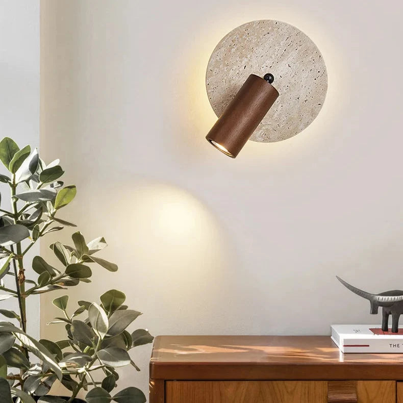 Applique Murale en Travertin avec Projecteur Orientable en Bois