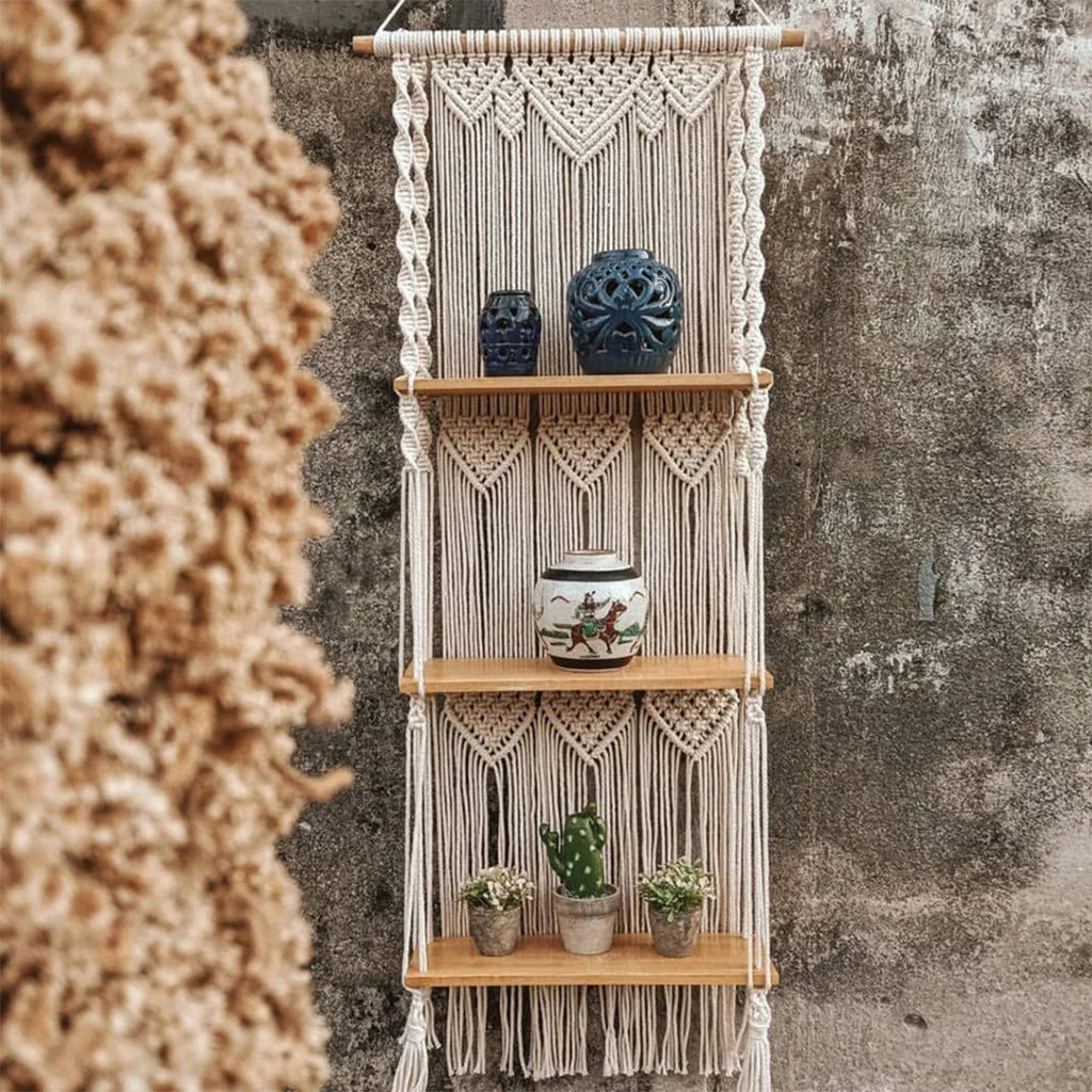 Étagère Murale Macramé Bohème 3 Niveaux