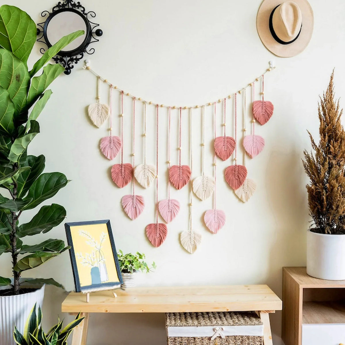 Décoration Murale Feuilles Macramé Vert ou Rose